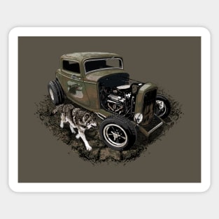 Rusty Hot Rod and Wolf Sticker